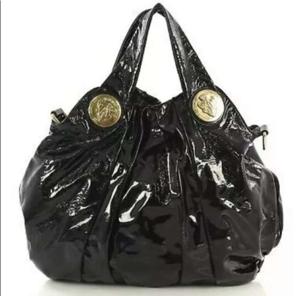 Gucci Black Patent Leather Hobo with Gold Medallions